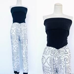 Vintage 1980s Black Bandeau Jumpsuit Tribal Abstract Print Pants Festival  Small